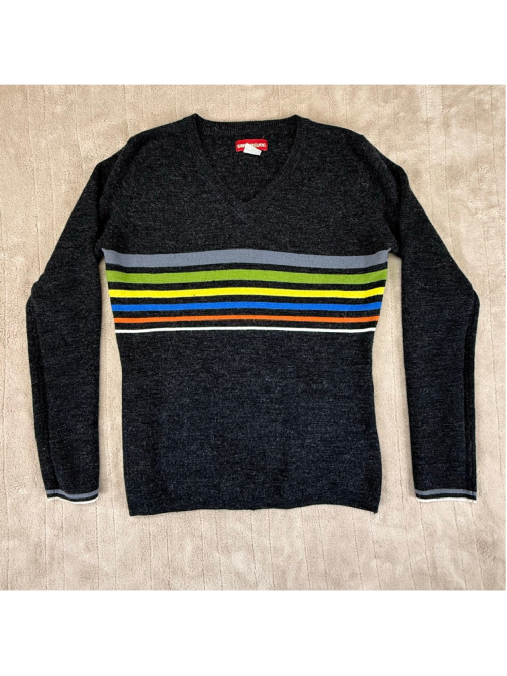 Women's Y2K Unionbay V-Neck Sweater Small‎ Gray Multicolor Stripes